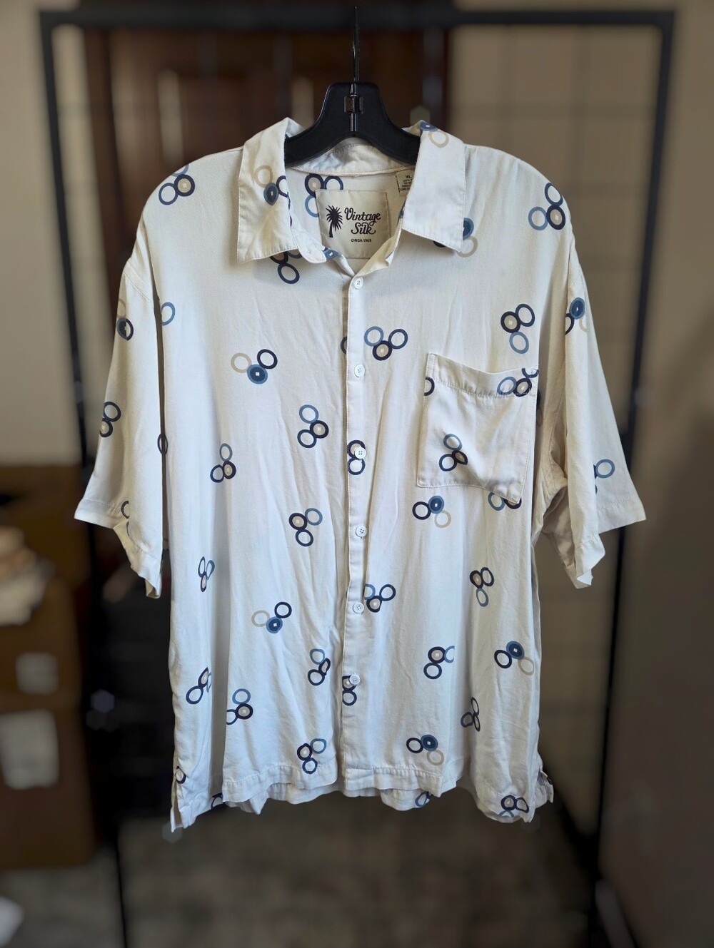 Vintage Silk Brand - Mens Short-Sleeve Button Down Shirt, White With Blue
